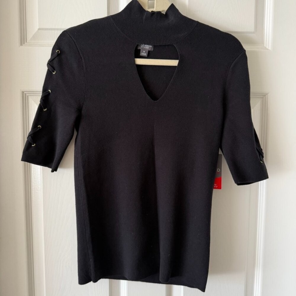 BOLD Elements Black Mock Neck Keyhole Lace-Up Sleeve Knit Top M NWT